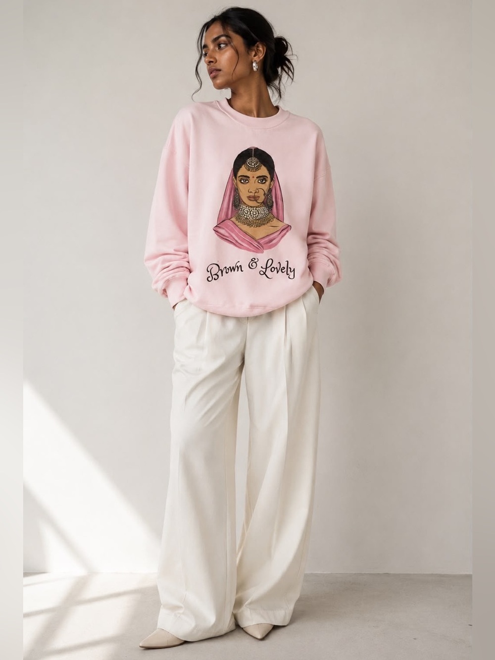 Pink “Brown & Lovely / Zero Sharam” South Asian Graphic Crewneck Sweatshirt – M
